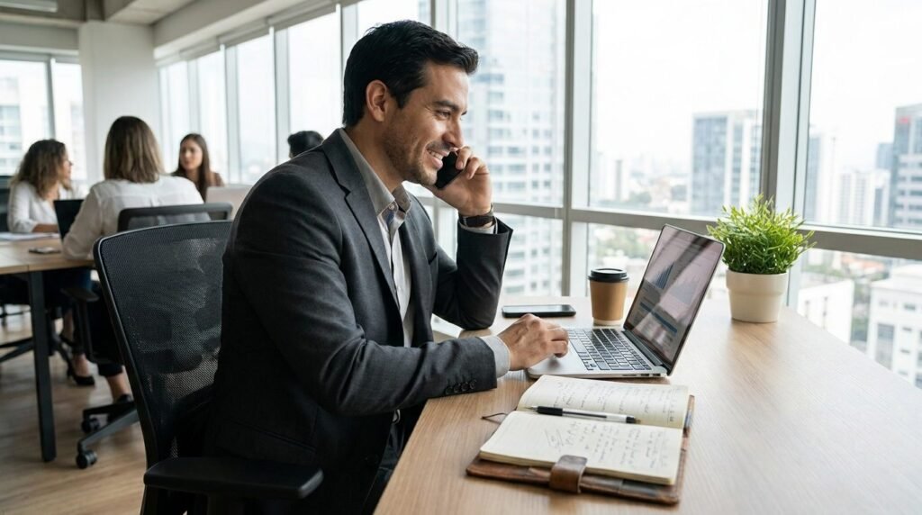 Comercial buscando cómo encontrar empresas de construcción en España desde la oficina