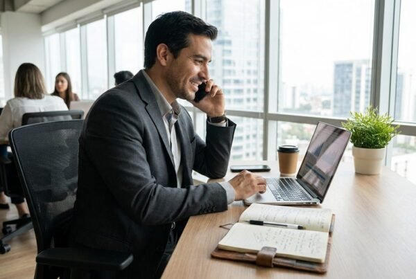 Comercial buscando cómo encontrar empresas de construcción en España desde la oficina