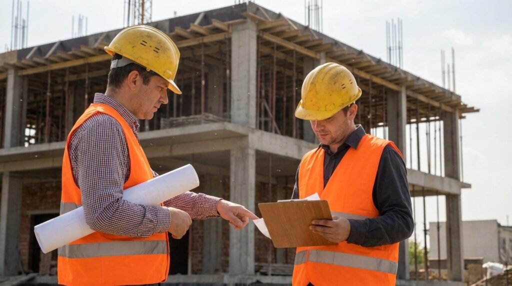 Técnicos en una reunión de obra revisando el acta de obra y sus acuerdos