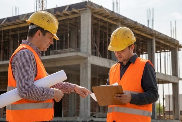 Técnicos en una reunión de obra revisando el acta de obra y sus acuerdos