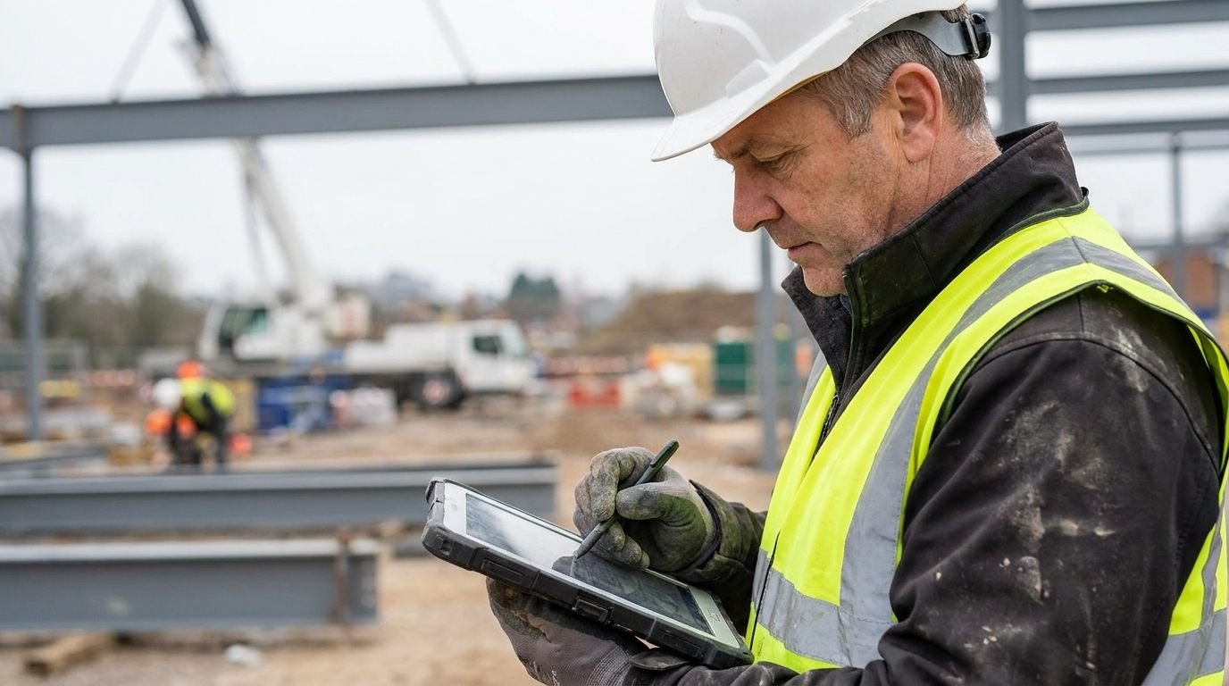 Jefe de obra redactando el acta de obra en una tablet, anotando incidencias