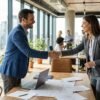 Comercial reunido con un cliente para conseguir clientes en el sector de la construcción