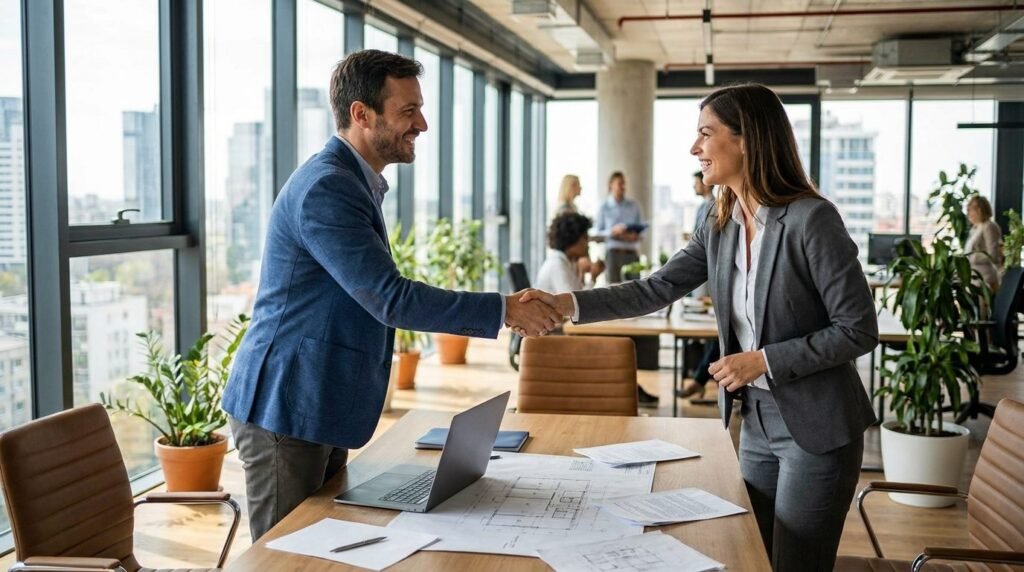 Comercial reunido con un cliente para conseguir clientes en el sector de la construcción