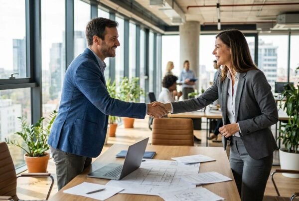 Comercial reunido con un cliente para conseguir clientes en el sector de la construcción