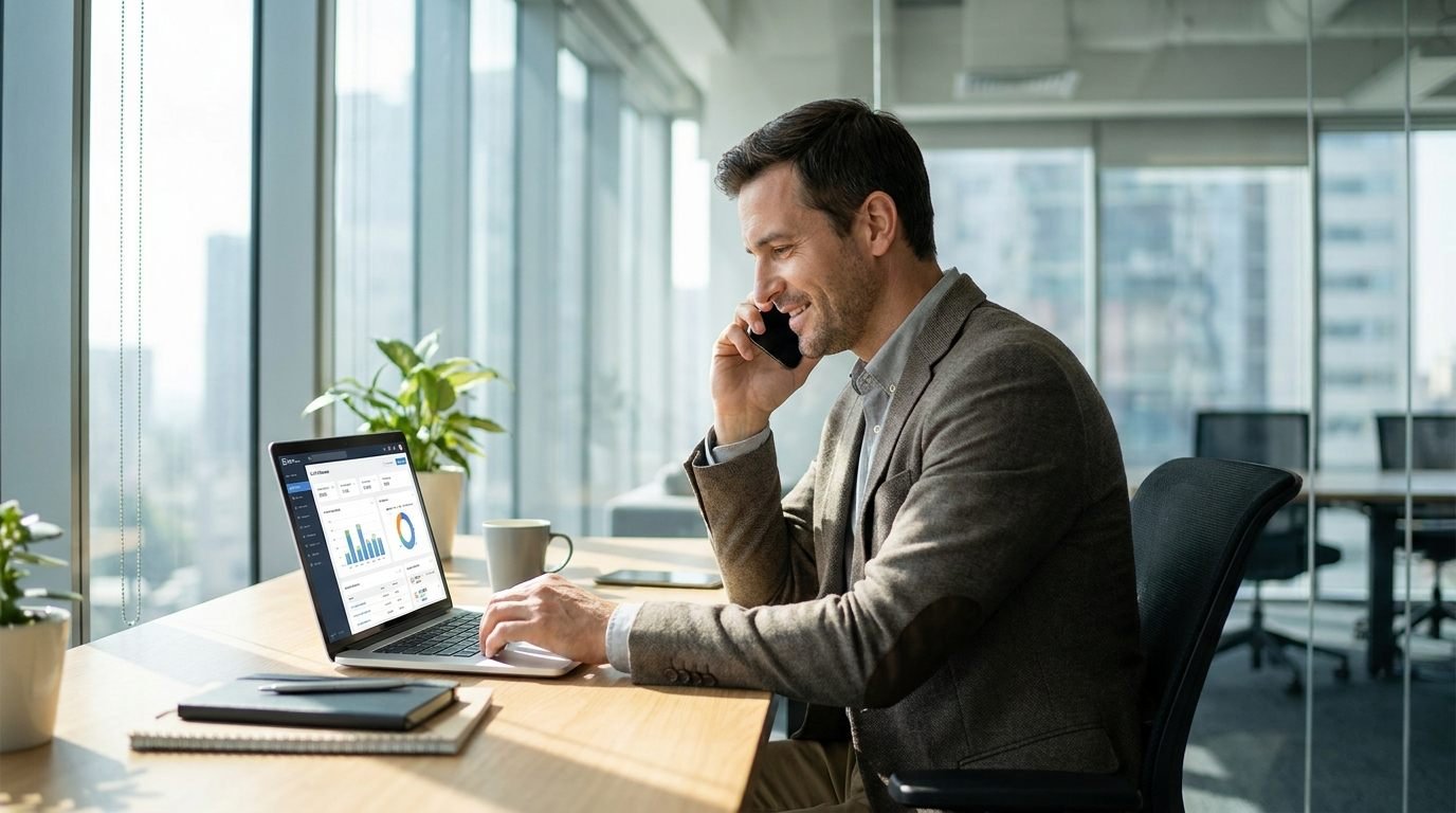 Profesional usando prospección directa para conseguir clientes de construcción desde la oficina