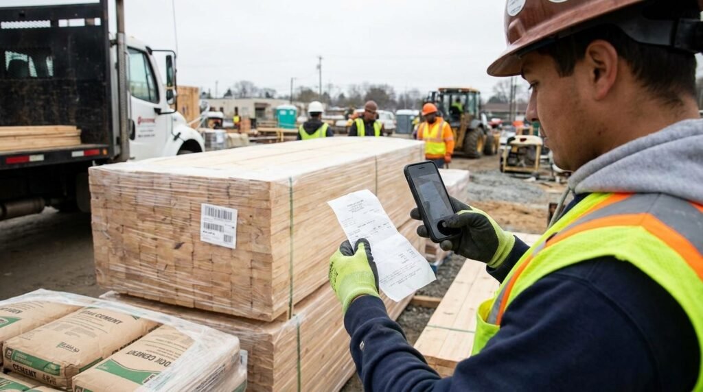 Encargado digitalizando albaranes de obra con el móvil junto al material recibido
