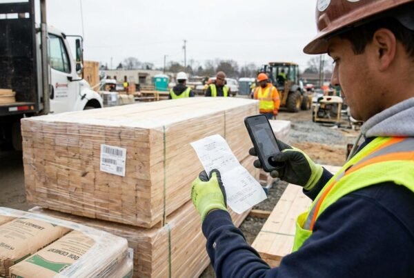 Encargado digitalizando albaranes de obra con el móvil junto al material recibido
