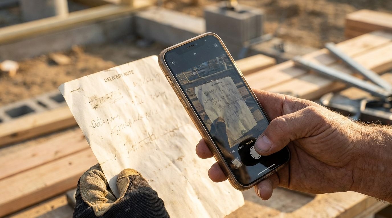 Operario digitalizando un albarán con OCR haciéndole una foto a pie de obra