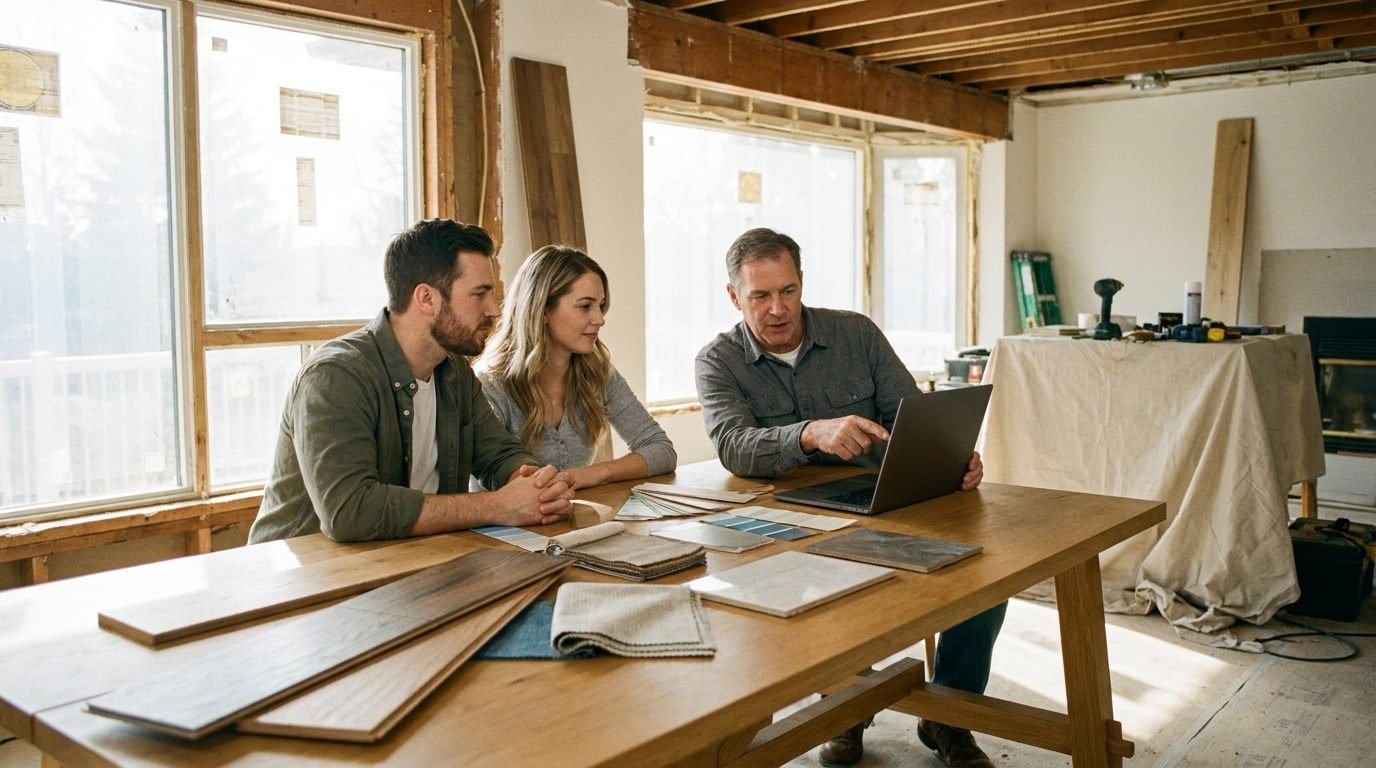 Cliente comparando presupuestos de empresas de reformas y revisando el proyecto en casa