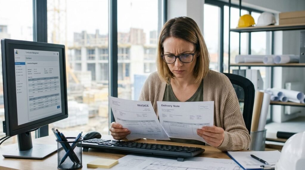 Administración de una constructora haciendo la conciliación de facturas y albaranes
