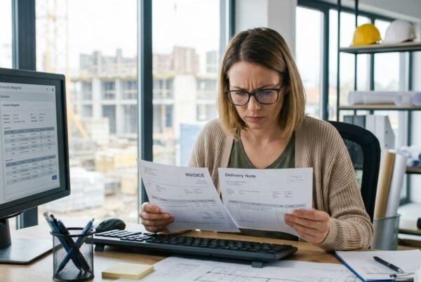 Administración de una constructora haciendo la conciliación de facturas y albaranes