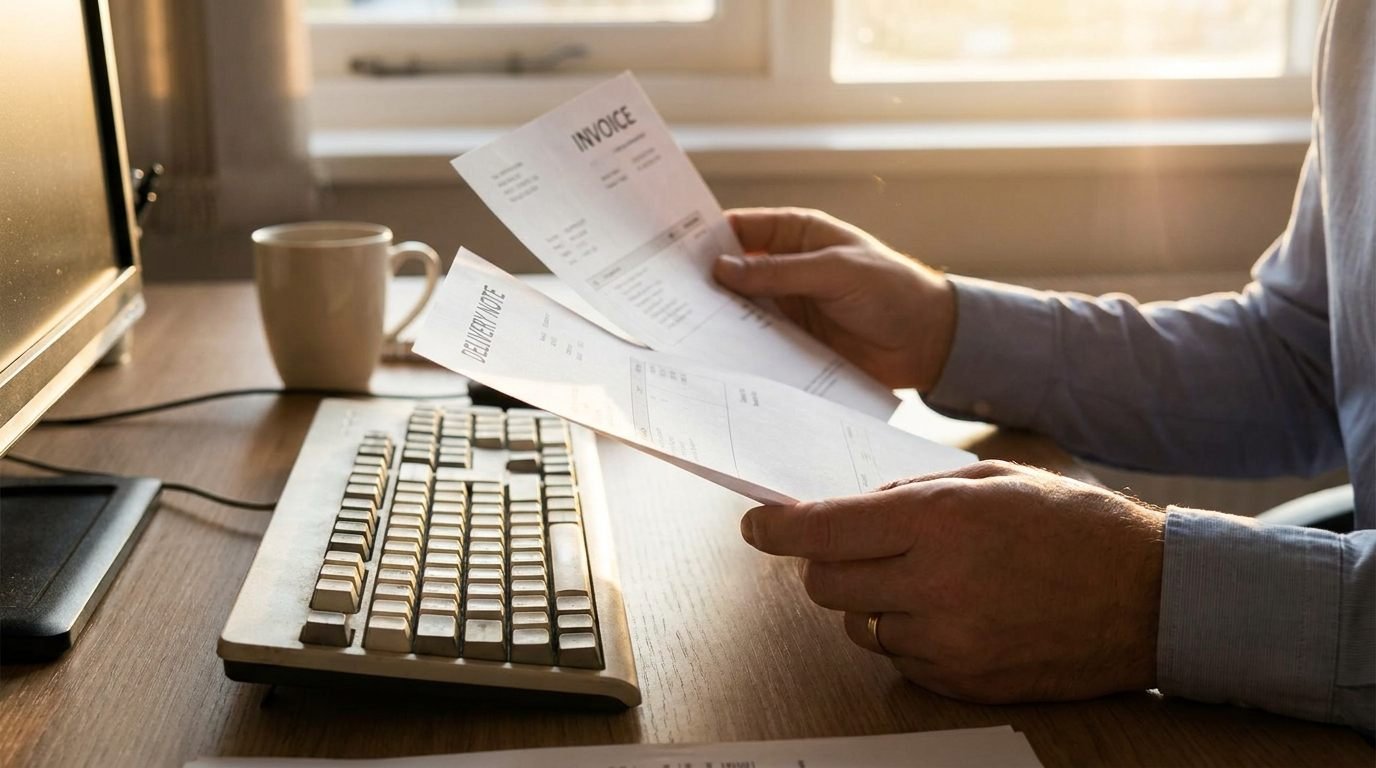 Administrativa revisando la conciliación de facturas y albaranes de obra en el ordenador