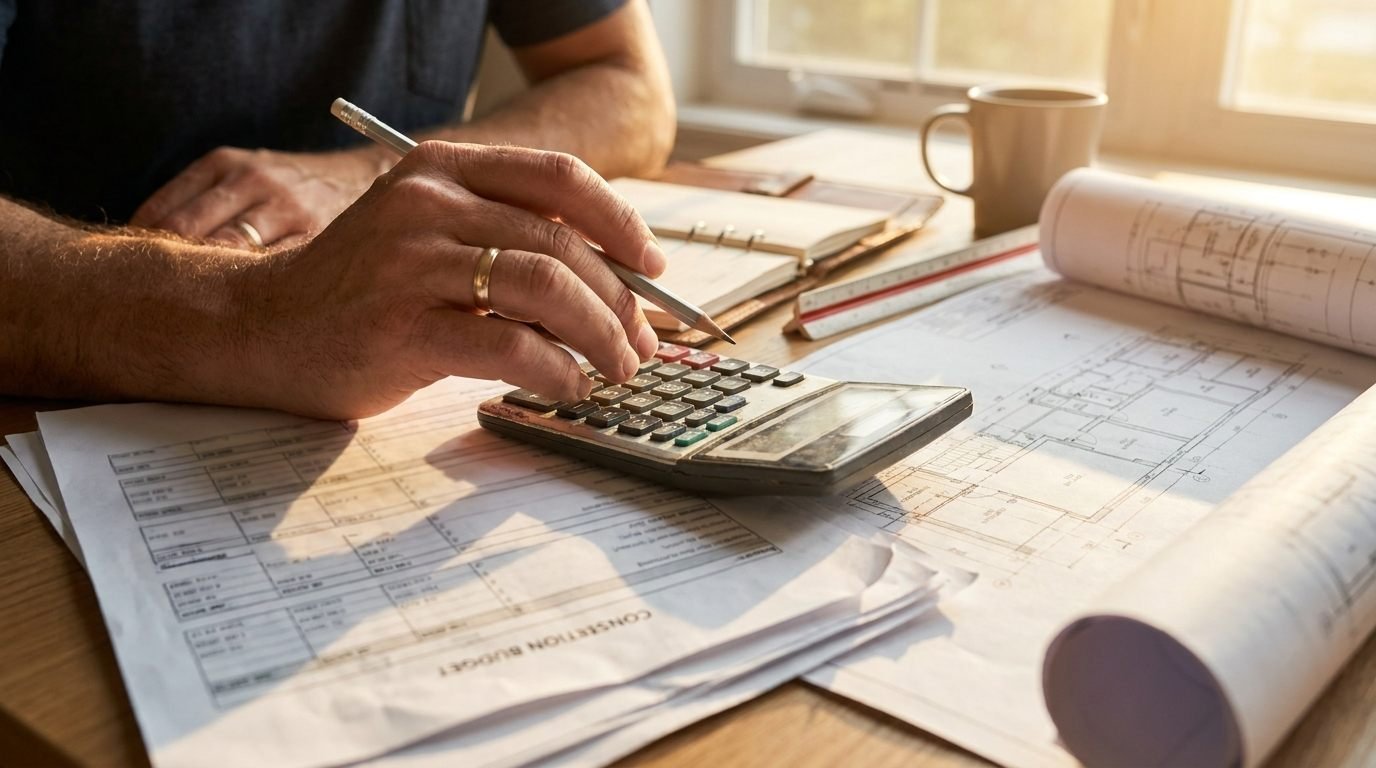 Técnico calculando el precio unitario de una partida de obra con calculadora y planos