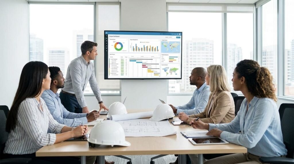 Equipo de una constructora trabajando con un software de gestión de obra con IA