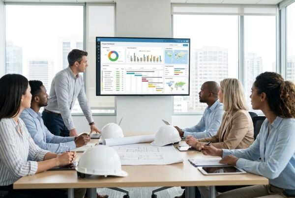 Equipo de una constructora trabajando con un software de gestión de obra con IA