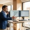 Profesional usando una base de datos de constructoras para prospectar clientes en el ordenador