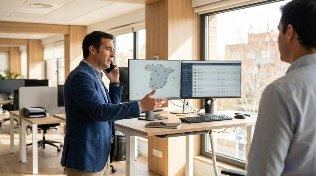 Profesional usando una base de datos de constructoras para prospectar clientes en el ordenador