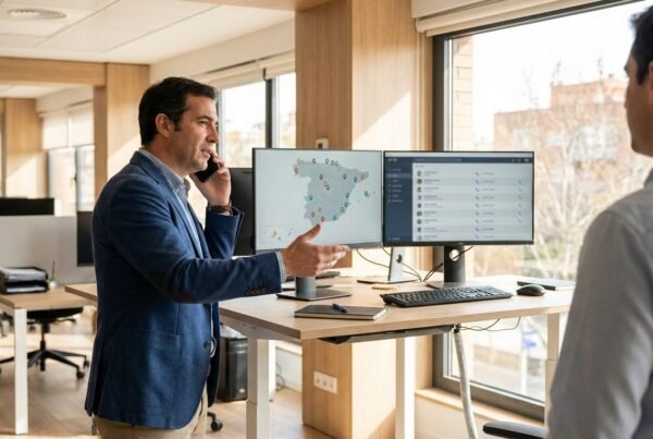 Profesional usando una base de datos de constructoras para prospectar clientes en el ordenador