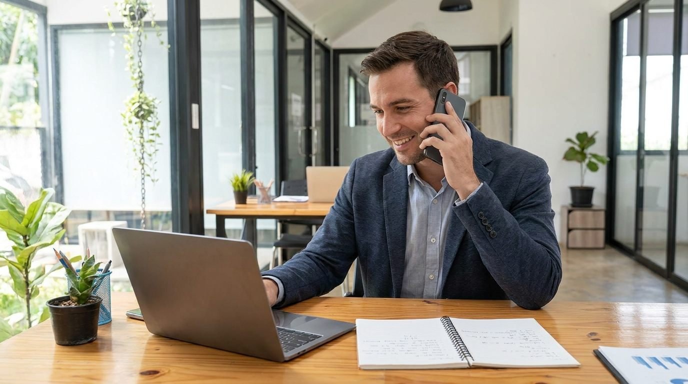 Comercial usando una base de datos de constructoras segmentada para llamar a clientes