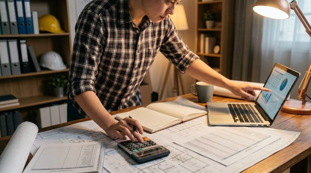 Técnico calculando gastos generales y beneficio industrial de un presupuesto de obra