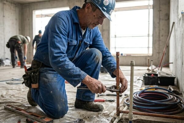 Empresas de fontanería en España instalando tuberías en una obra nueva