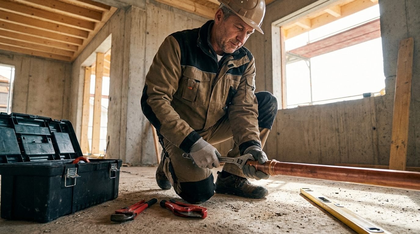 Fontanero de una empresa de fontanería reparando el saneamiento de una vivienda
