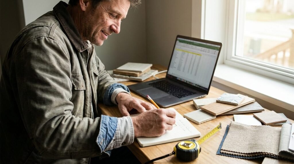 Profesional preparando un presupuesto de reforma de vivienda por capítulos