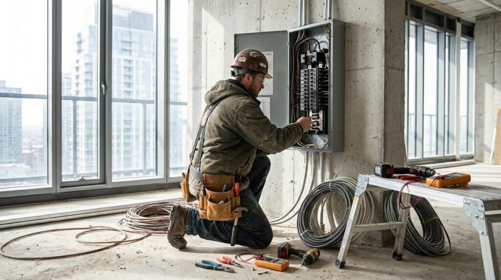 Empresas de instalación eléctrica montando el cuadro eléctrico en una obra nueva