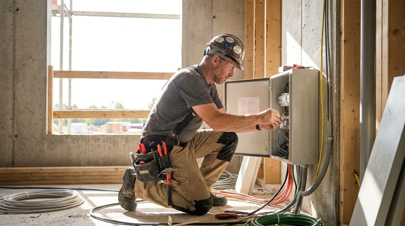 Instalador autorizado de una empresa de instalación eléctrica trabajando en el cableado de la obra