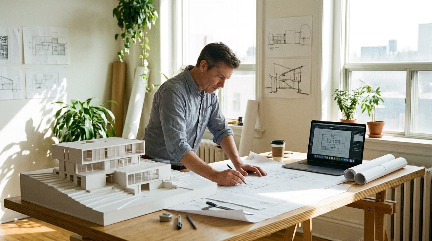 Arquitecto de un estudio de arquitectura desarrollando el proyecto técnico de una vivienda