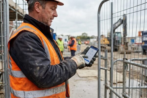Operarios haciendo el control horario en obra al fichar la entrada de la jornada