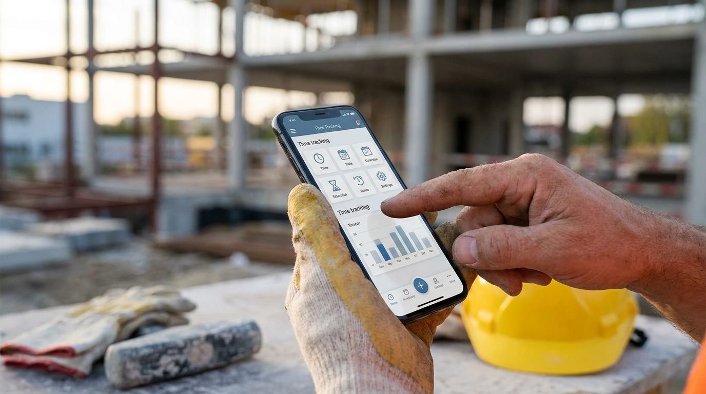 Operario fichando el control horario en obra desde el móvil con geolocalización