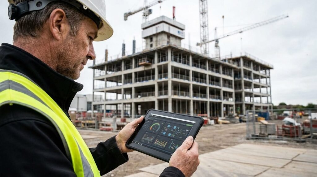 Digitalización en la construcción: equipo gestionando la obra con una tablet