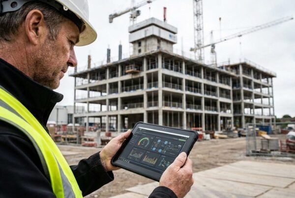 Digitalización en la construcción: equipo gestionando la obra con una tablet