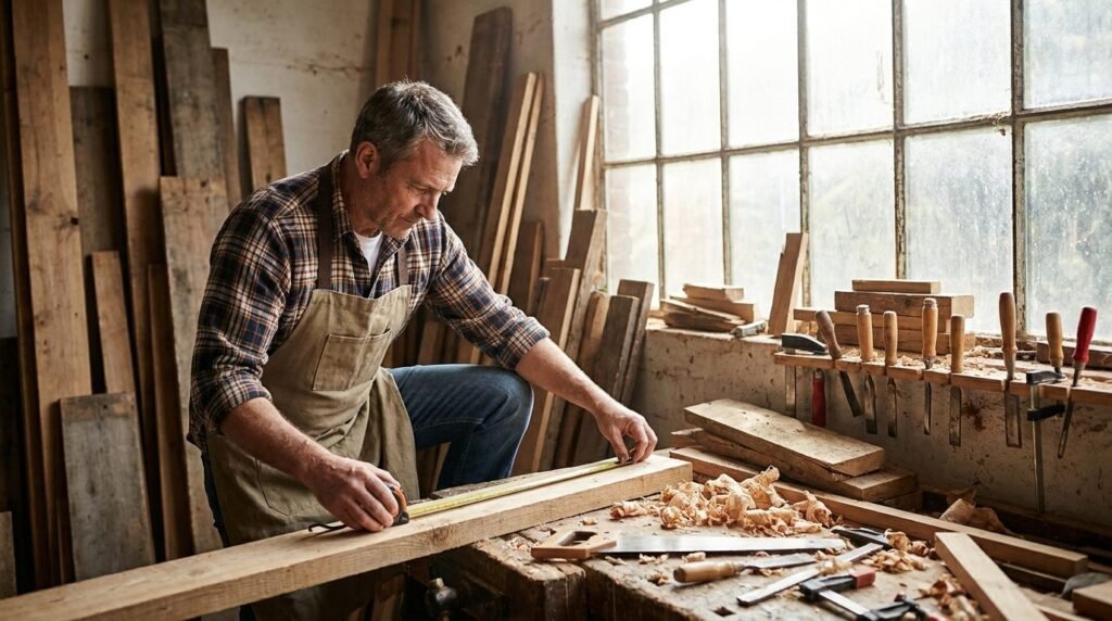 Empresas de carpintería: carpintero trabajando la madera en el taller