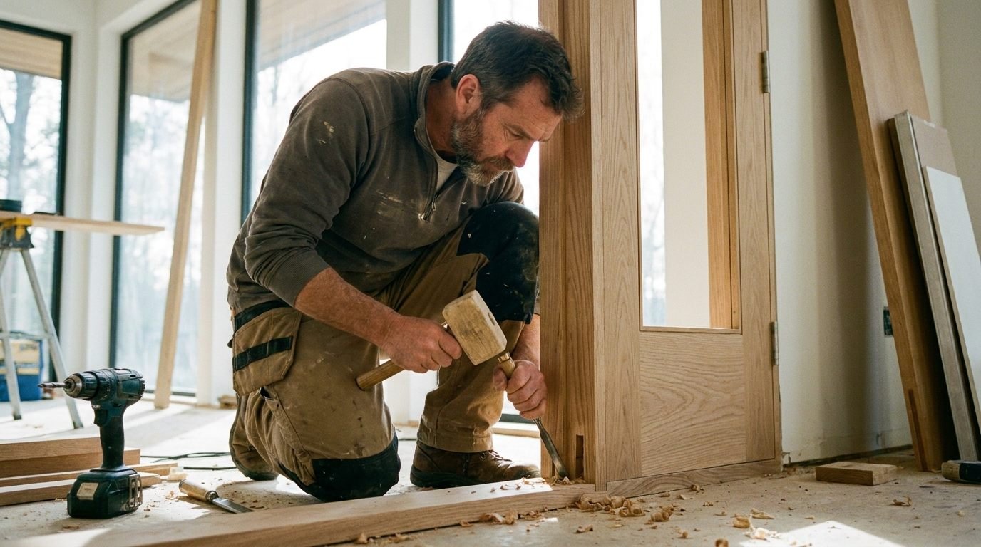 Carpintero de una empresa de carpintería de madera instalando en una obra