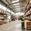 Almacén de proveedores de materiales de construcción con material apilado