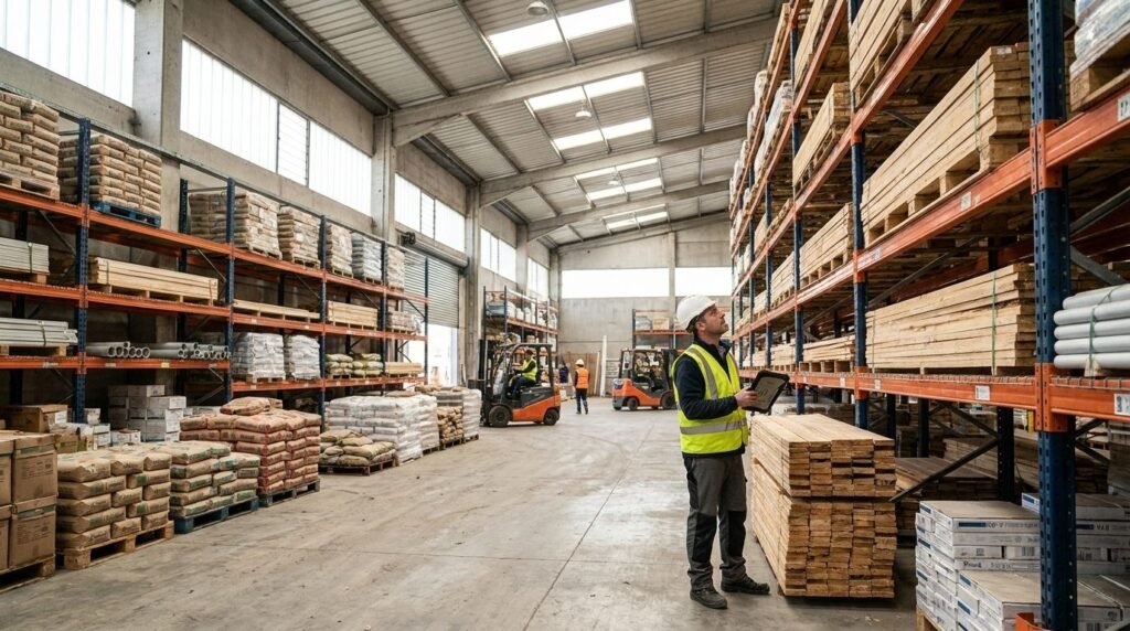 Almacén de proveedores de materiales de construcción con material apilado