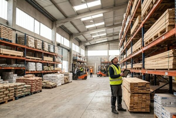 Almacén de proveedores de materiales de construcción con material apilado