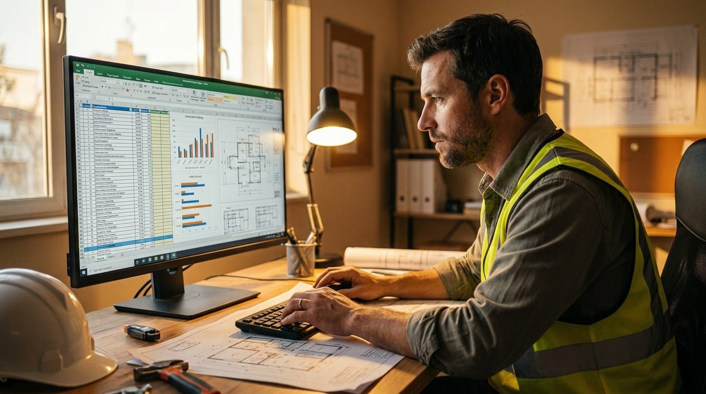 Técnico calculando un presupuesto de obra con software de presupuestos de construcción