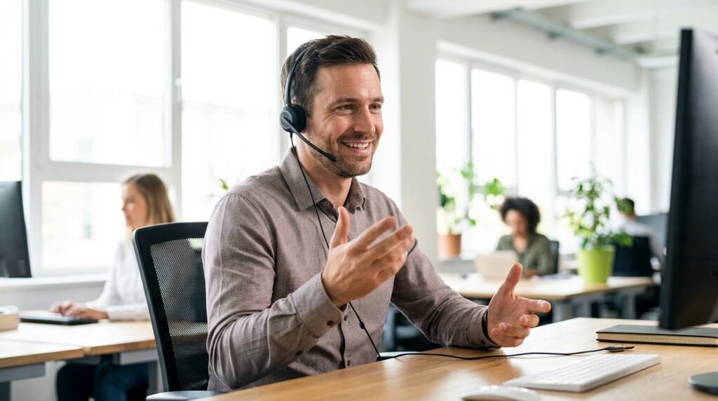 Comercial haciendo una llamada en frío a empresas de construcción por teléfono