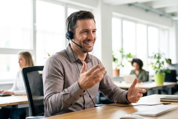 Comercial haciendo una llamada en frío a empresas de construcción por teléfono