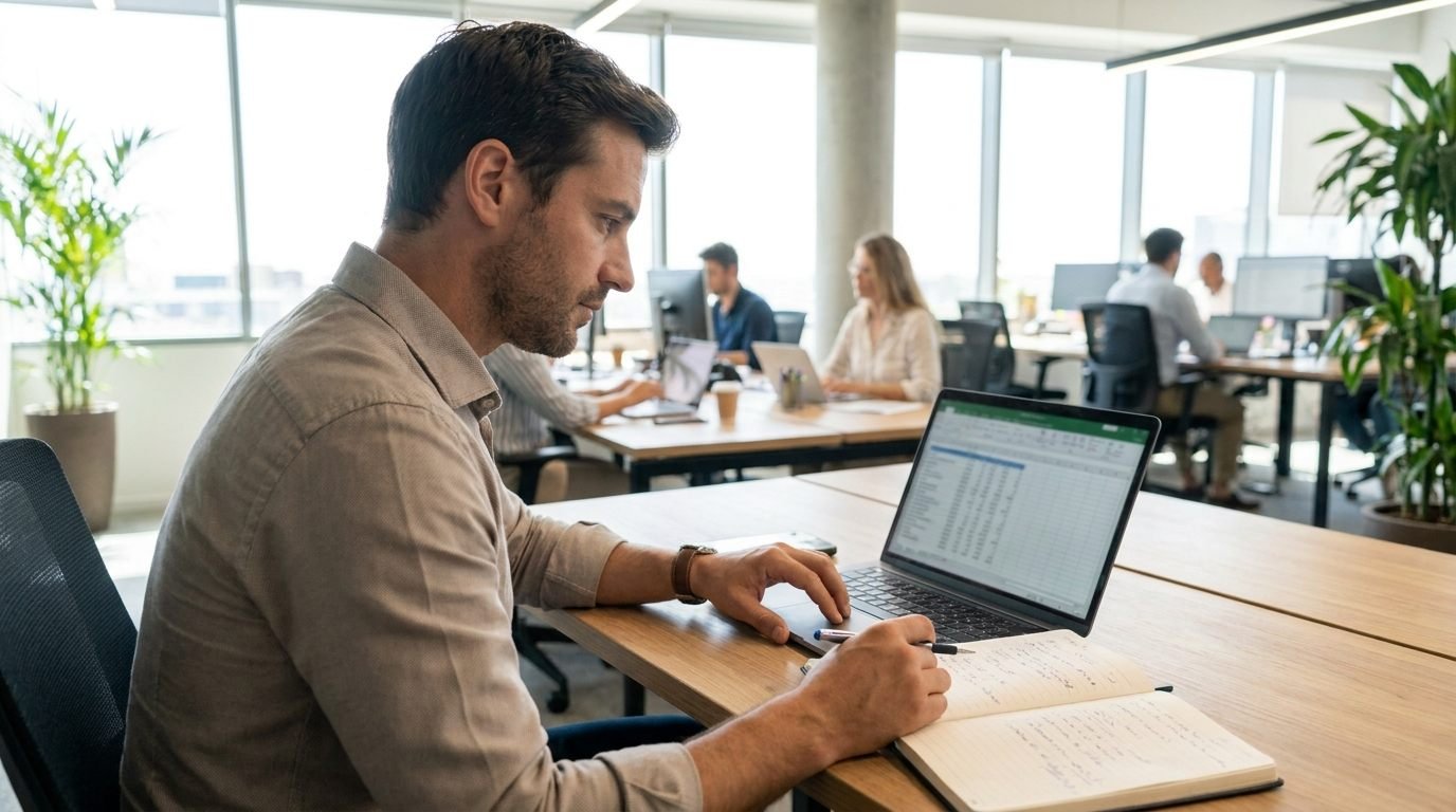 Comercial organizando la prospección en construcción combinando email, teléfono y LinkedIn