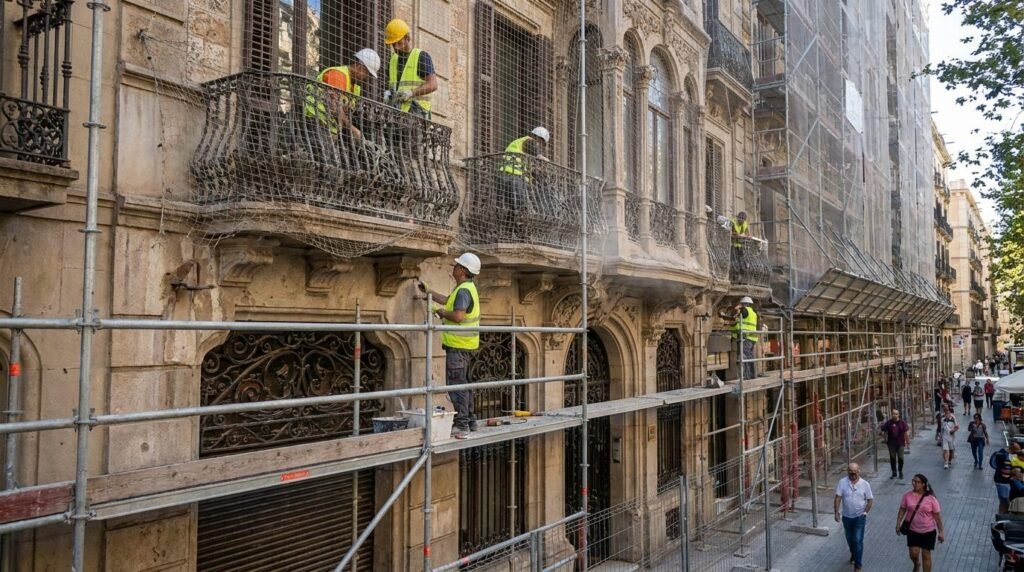 Empresas de construcción en Barcelona rehabilitando un edificio del Eixample