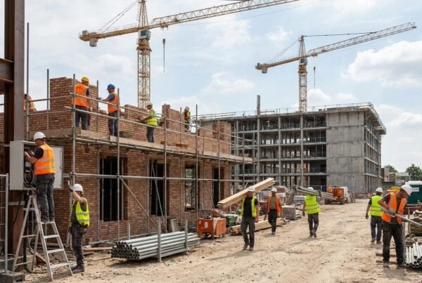 Distintas actividades de construcción: constructoras, oficios e instalaciones en una obra