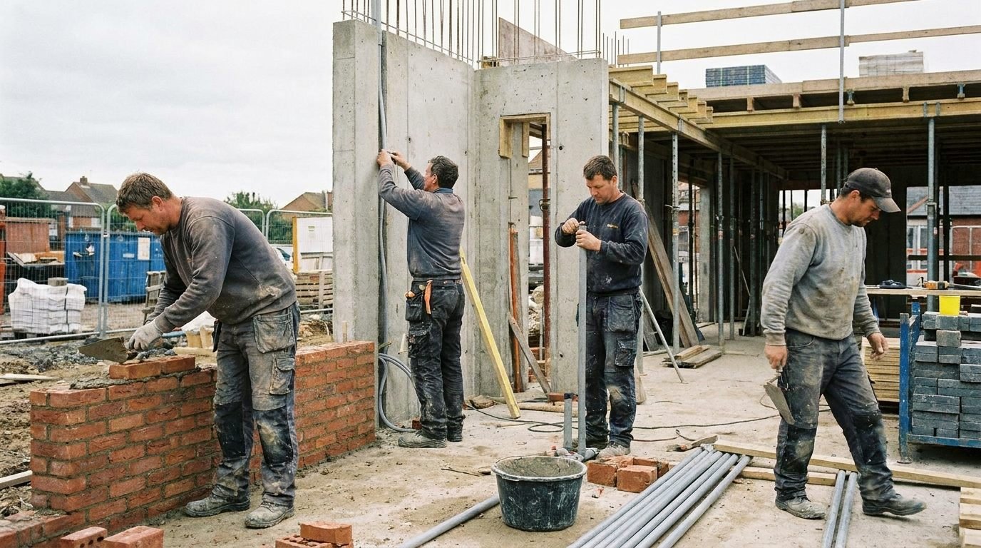 Profesionales de varias actividades de construcción trabajando juntos en una obra