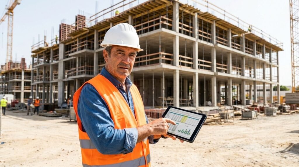 Jefe de obra con tablet calculando cómo hacer un presupuesto de obra en construcción