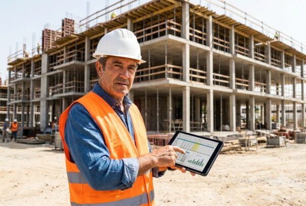 Jefe de obra con tablet calculando cómo hacer un presupuesto de obra en construcción