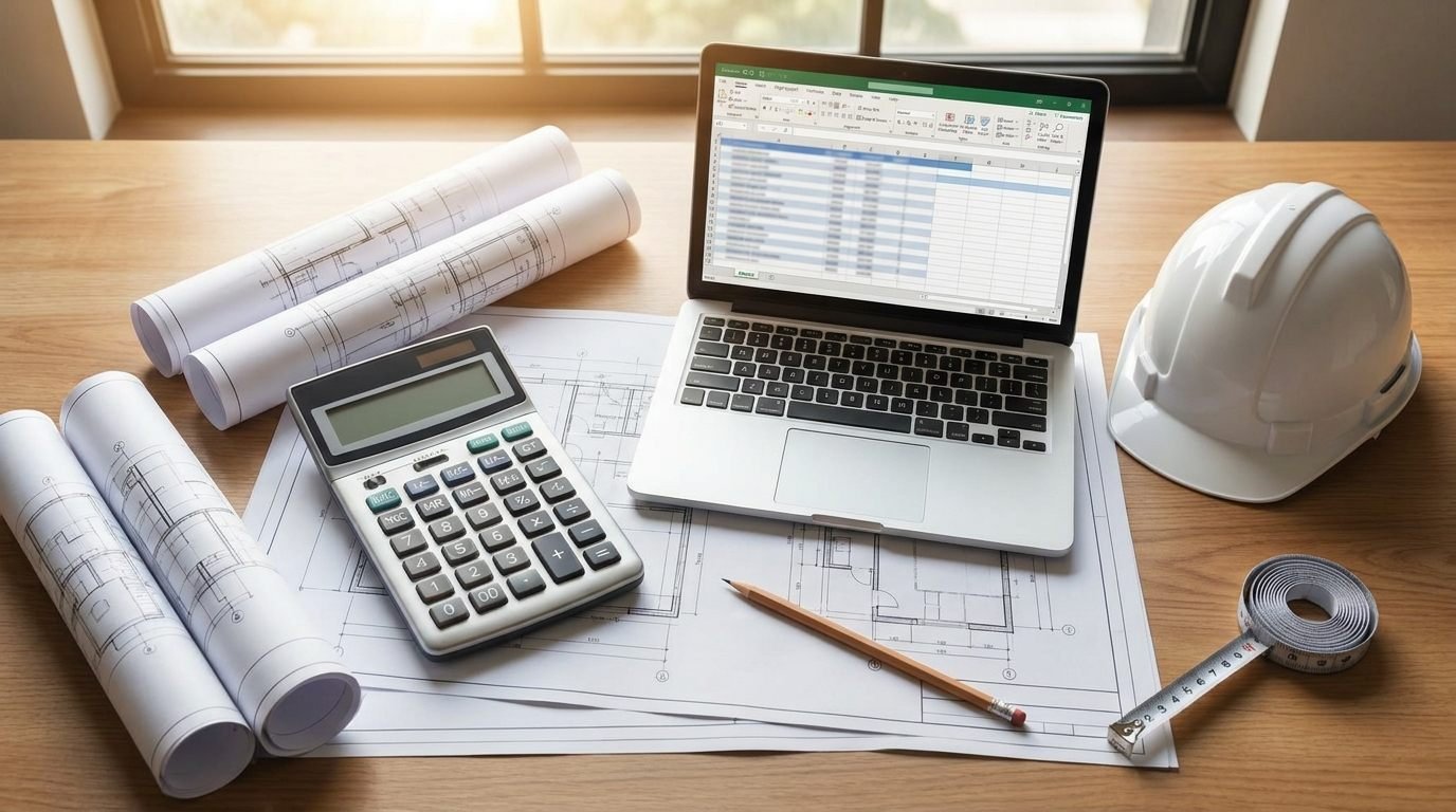 Planos, calculadora y portátil para preparar un presupuesto de obra con sus mediciones